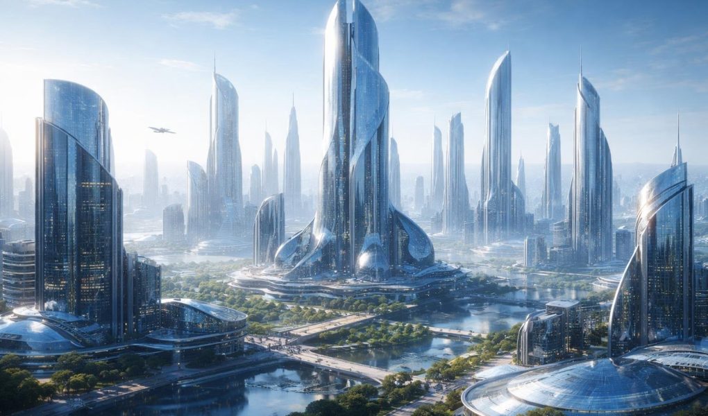 paysage-urbain-futuriste-gratte-ciels-bleutes