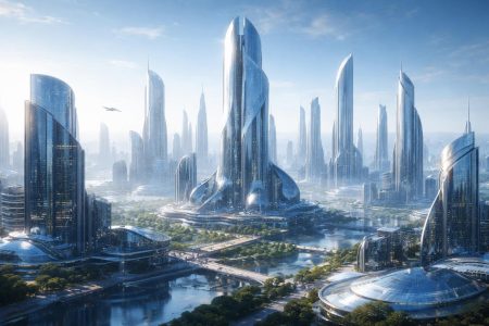 paysage-urbain-futuriste-gratte-ciels-bleutes