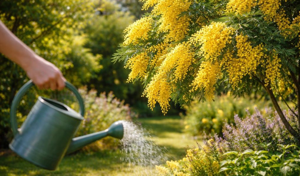jardin-ensoleille-mimosa-fleurs-arrosoir
