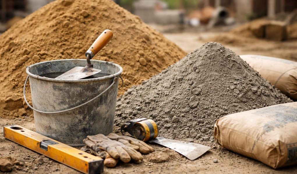 outils-construction-truelle-seau-sable-ciment
