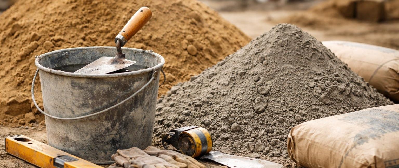 outils-construction-truelle-seau-sable-ciment