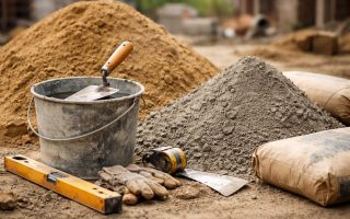 outils-construction-truelle-seau-sable-ciment