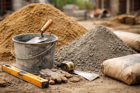 outils-construction-truelle-seau-sable-ciment