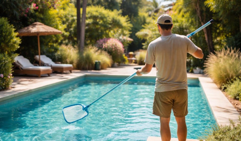 piscine-jardin-ensoleille-personne-nettoie