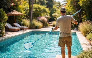 piscine-jardin-ensoleille-personne-nettoie