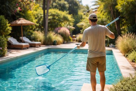 piscine-jardin-ensoleille-personne-nettoie
